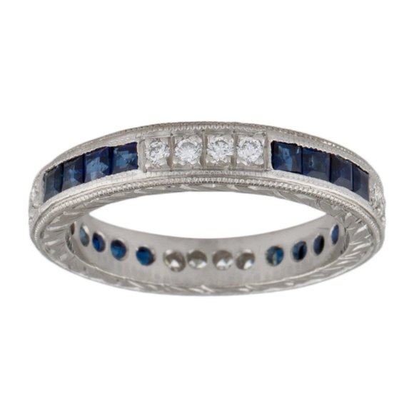 PLATINUM SAPPHIRE & DIAMOND ETERNITY BAND RING - Picture 2 of 8